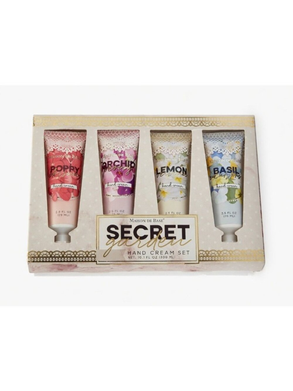 Secret Maison de Base Hand Cream Gift Set 4 x 2.5 oz Poppy Orchid Lemon Basil